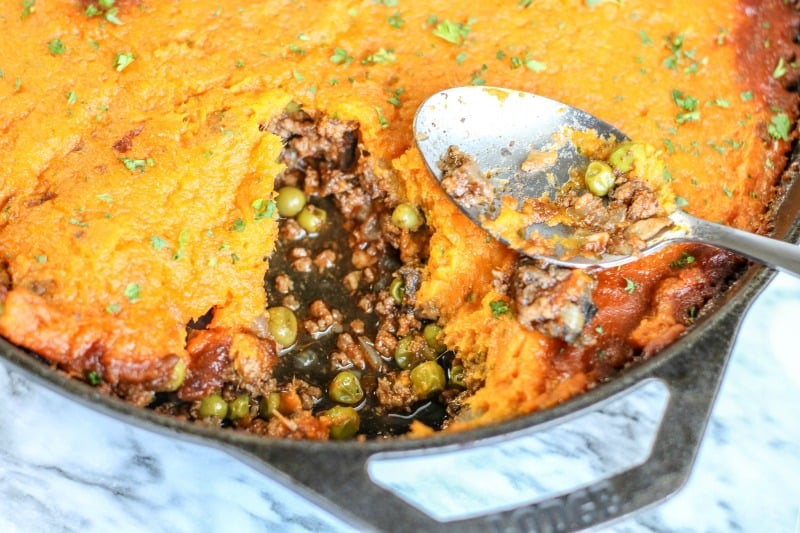 sweet potato shepherds pie in a cast iron pan