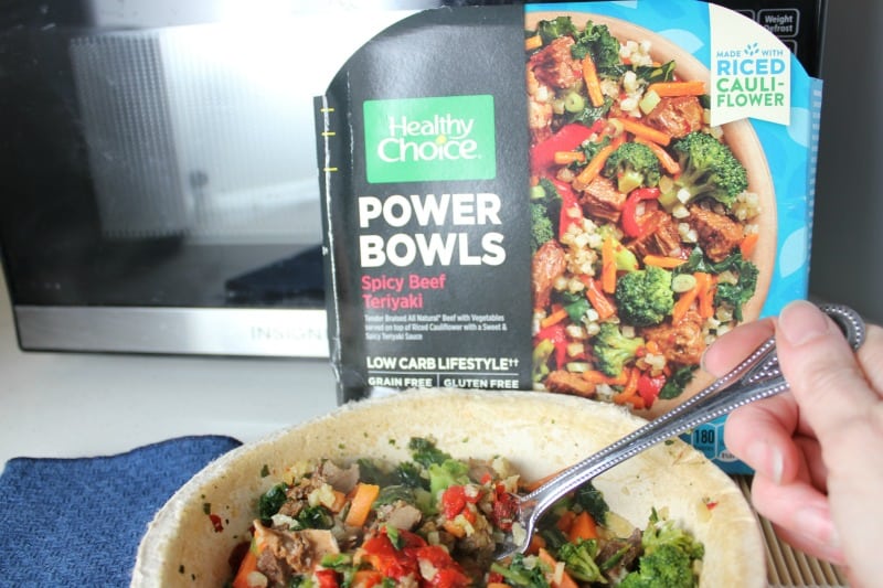 Healthy Choice Power Bowl in front of a microwave