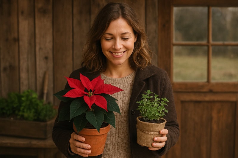 woman holding living christmas gifts