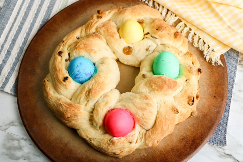 traditional Italian Easter bread with colored eggs