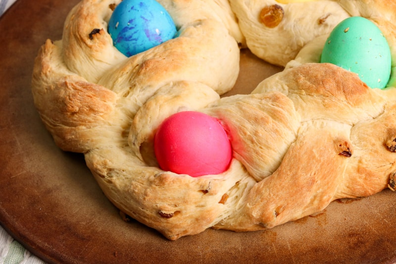 colorful eggs baked into a sweet bread