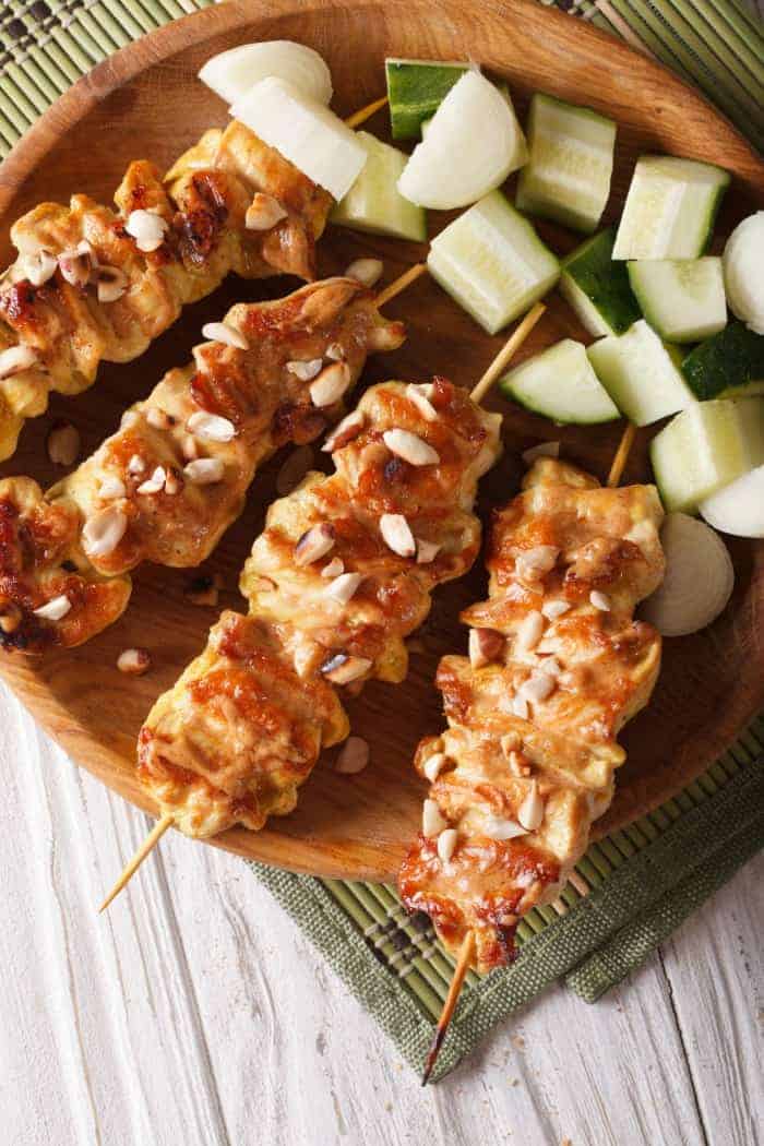 Chicken Satay with Peanut Sauce on Skewers
