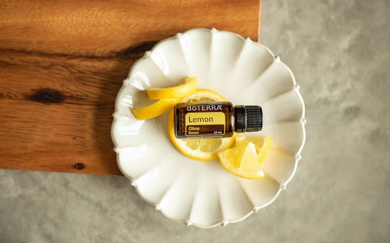 lemon essential oil on a white plate