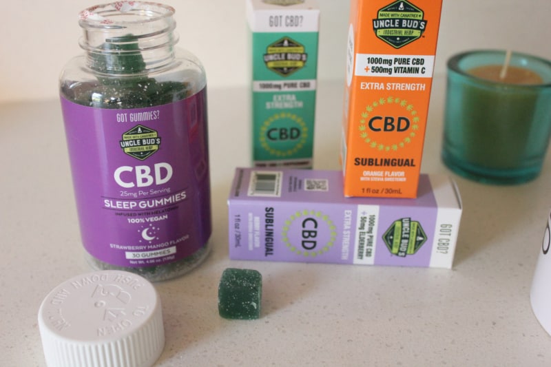 a variety of CBD products on a white counter
