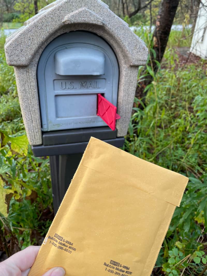 a person holding an envelope in front of a mailbox