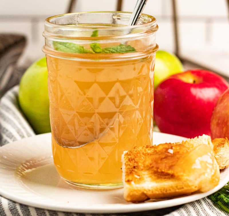 a jar of apple and mint jelly