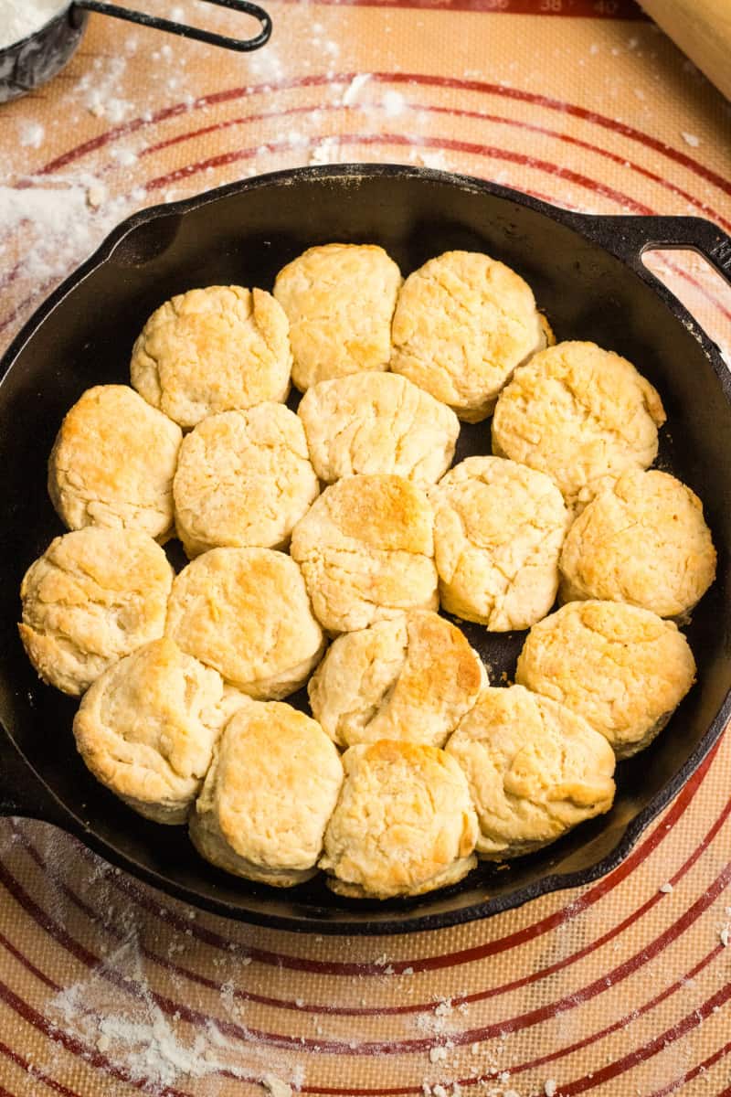 golden brown biscuits in a cast iron pan