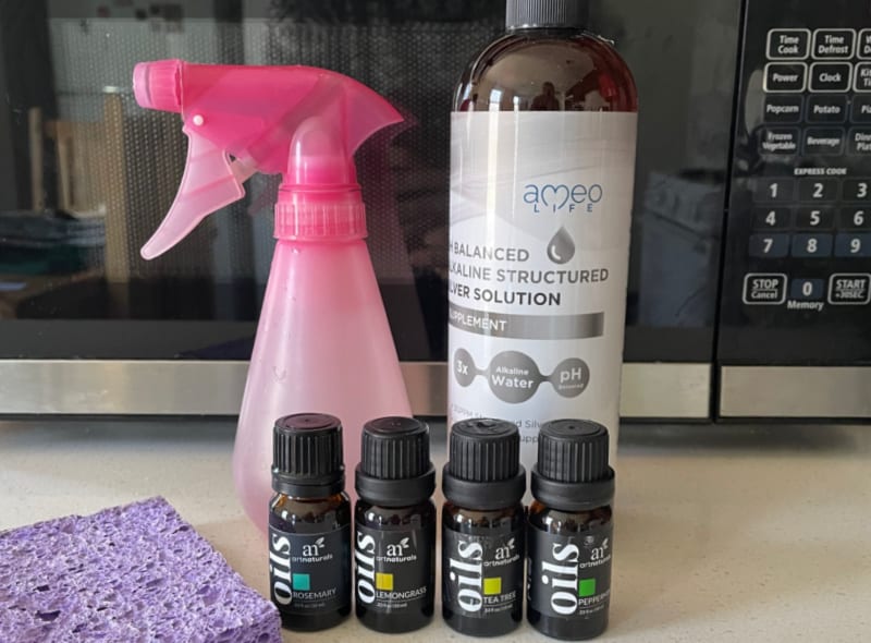 essential oils and silver hydrosol on a counter