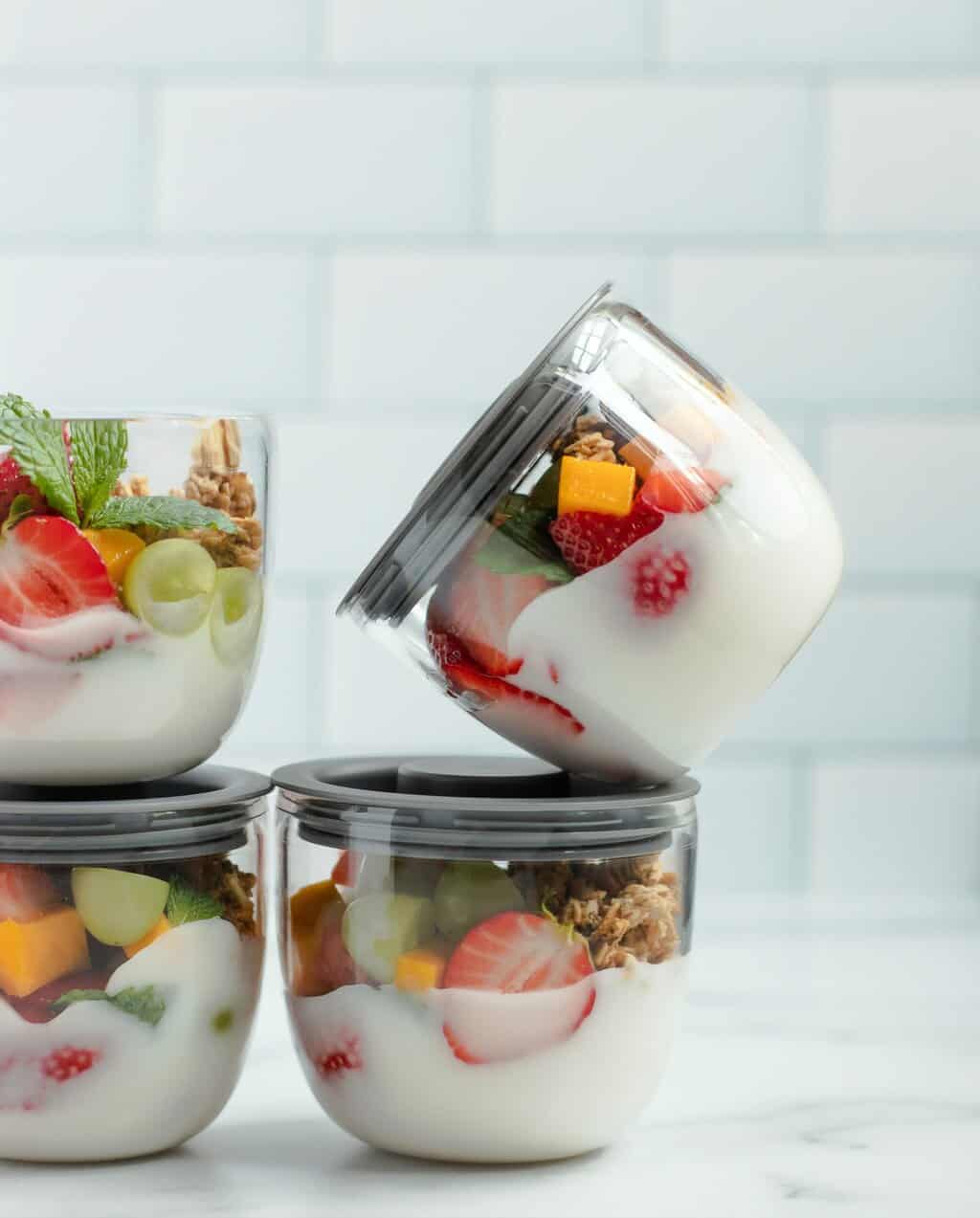 yogurt in stackable cups with fruit