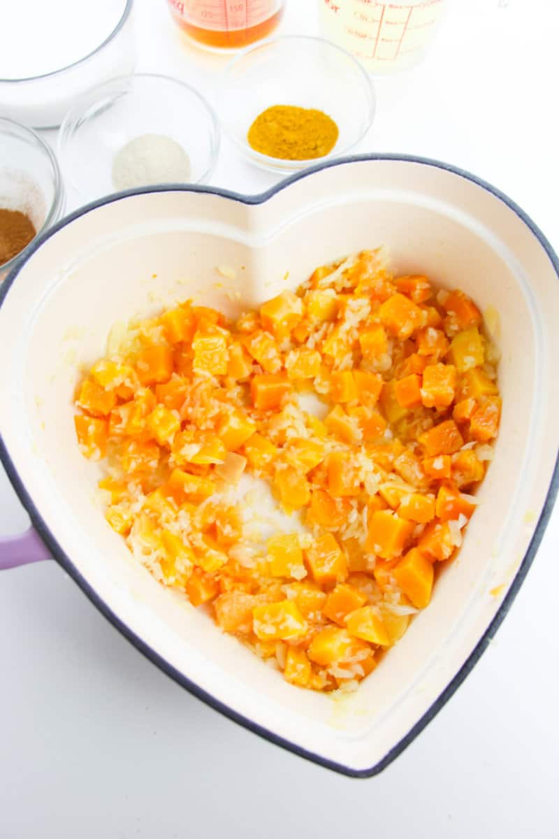 squash and onion in a heart shaped pan