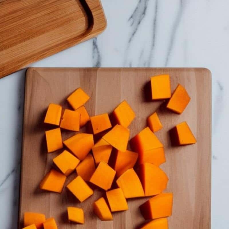 chopping pumpkin on a cutting board