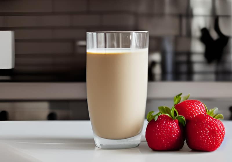 a protein shake on the counter near strawberries