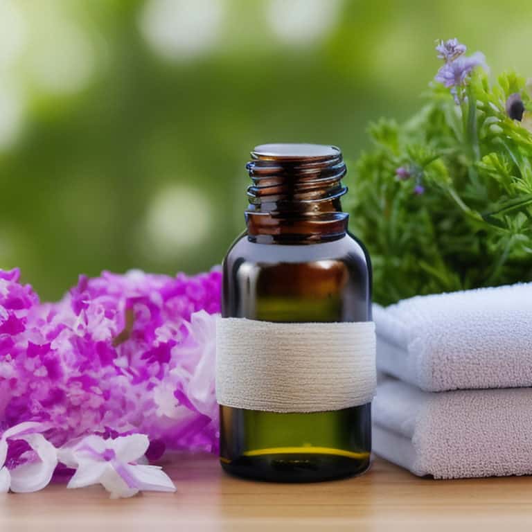 a bottle of essential oils near towels and pink flowers