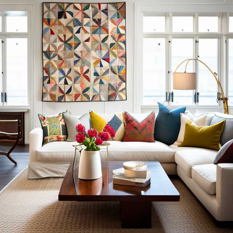 a living room with an heirloom quilt hung on the wall