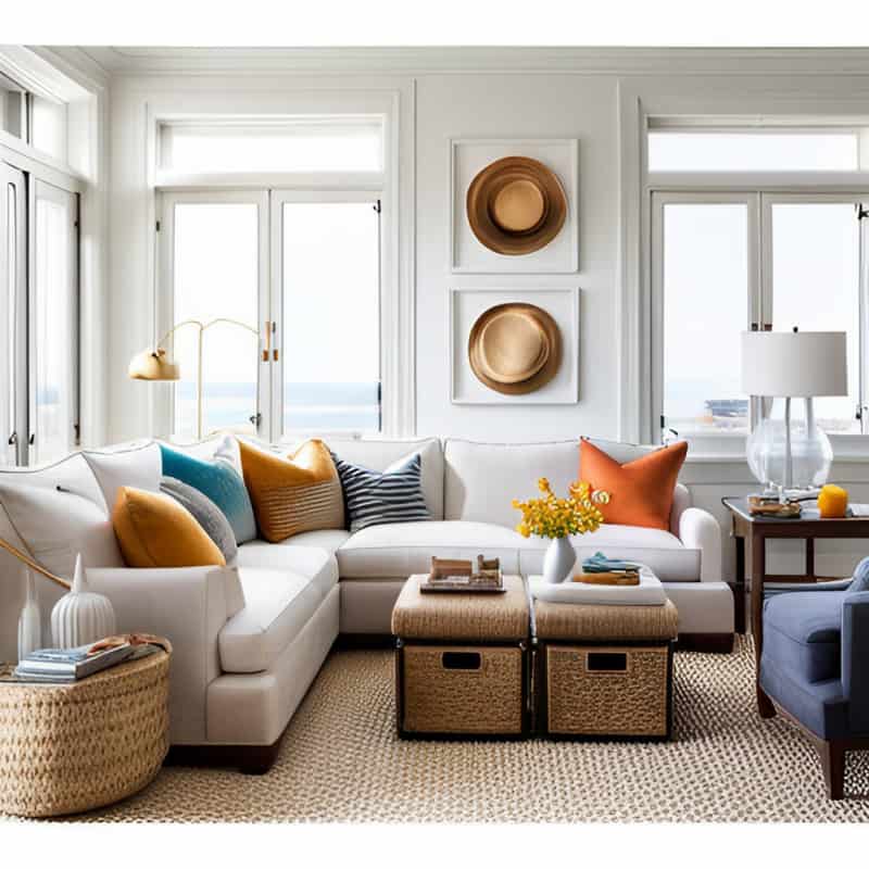 living room with storage baskets