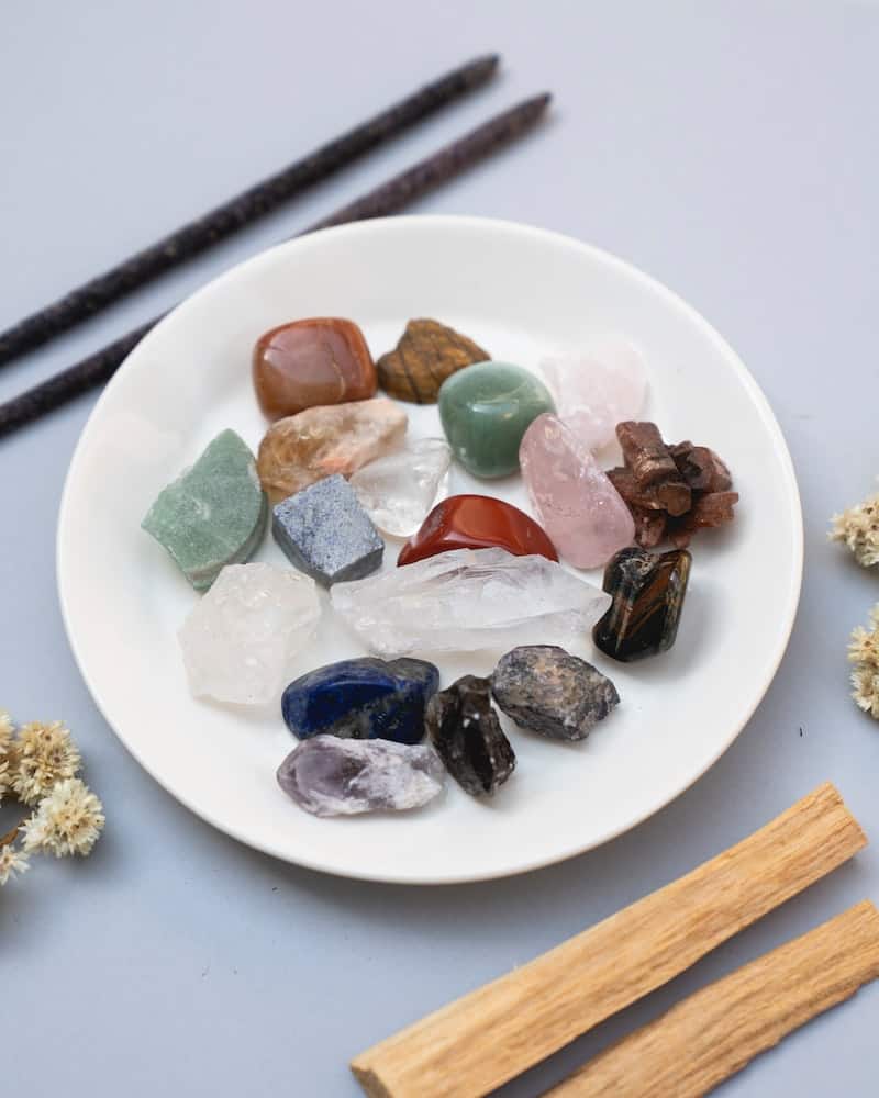 polished stones on a white plate