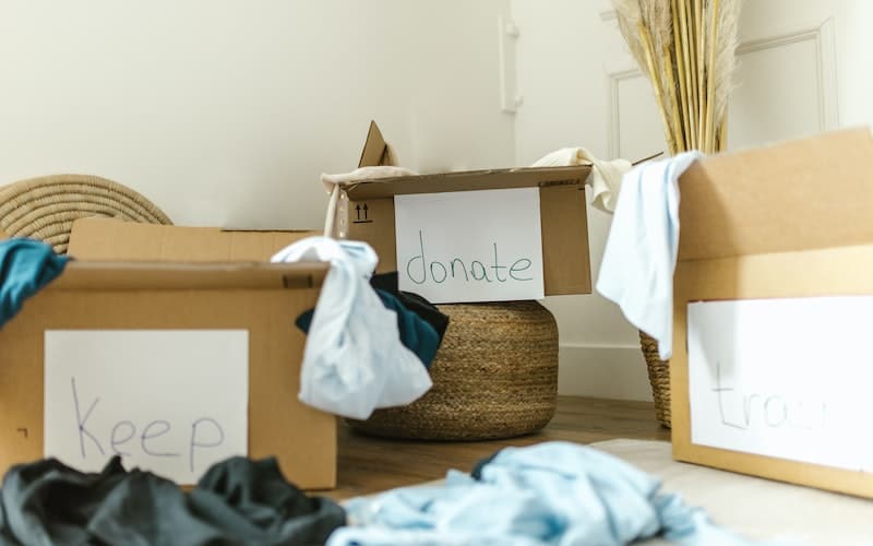 boxes to donate, throw away and keep