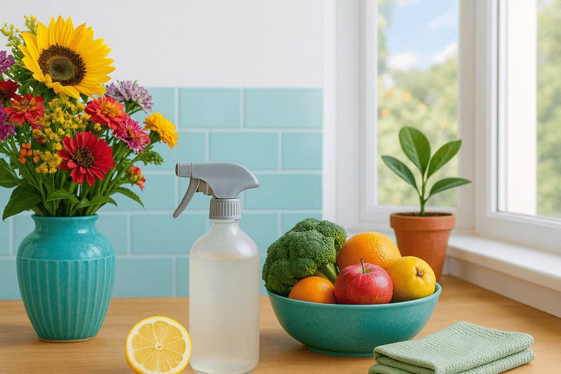 kitchen counter with a vase of flowers and basket of produce