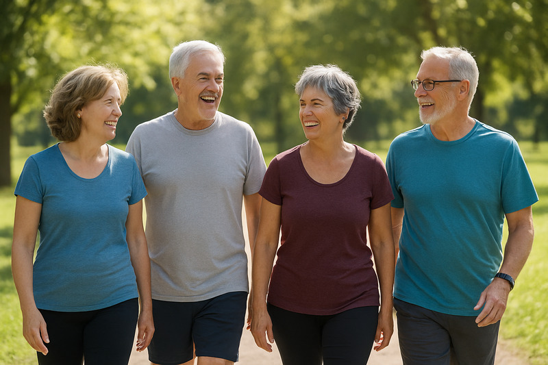 older people smiling and walking