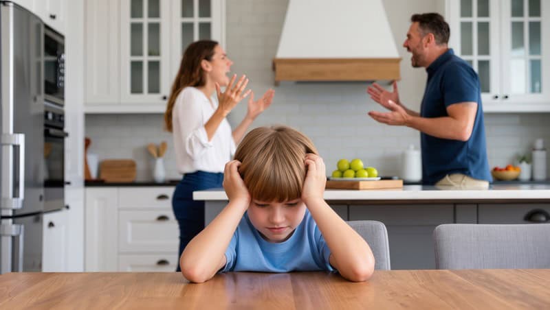 young boy sitting at table with hands on head