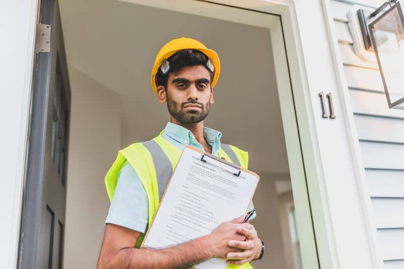 man holding a hardhat and clipboard