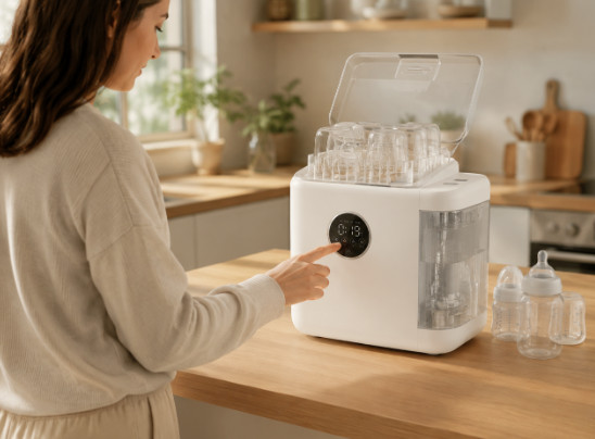 Mother about to start a baby bottle washer in a sunlit modern kitchen.