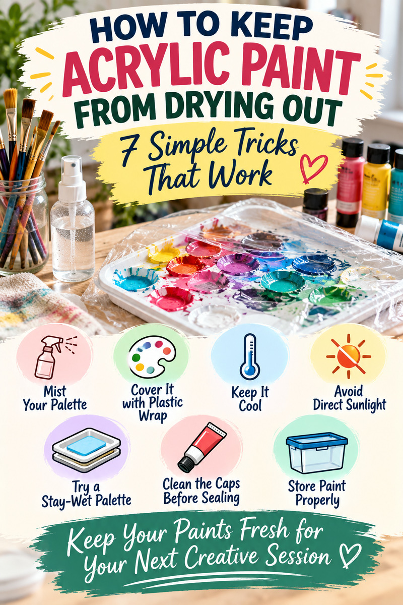 Learn how to keep acrylic paint from drying out with these 7 simple tricks. From misting your palette and using plastic wrap to trying a stay-wet palette and storing paints properly, these easy tips can help your acrylic paints stay fresh longer and reduce wasted supplies. Save this acrylic painting guide for your next creative session!