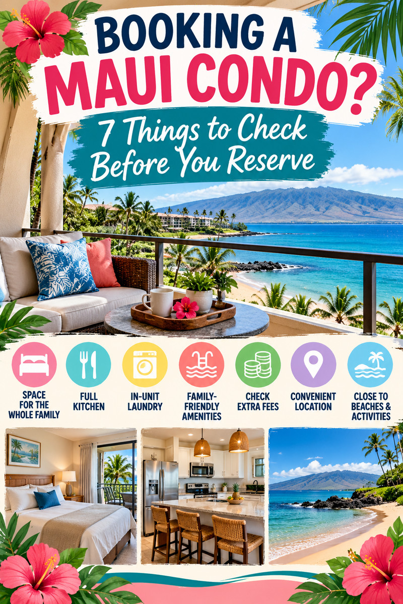 Planning a Maui family vacation? Before booking a condo, check these 7 important features, including space for the whole family, a full kitchen, in-unit laundry, family-friendly amenities, extra fees, location, and access to beaches and activities. Save this Maui condo checklist to help you find a comfortable home base for your next Hawaii vacation!