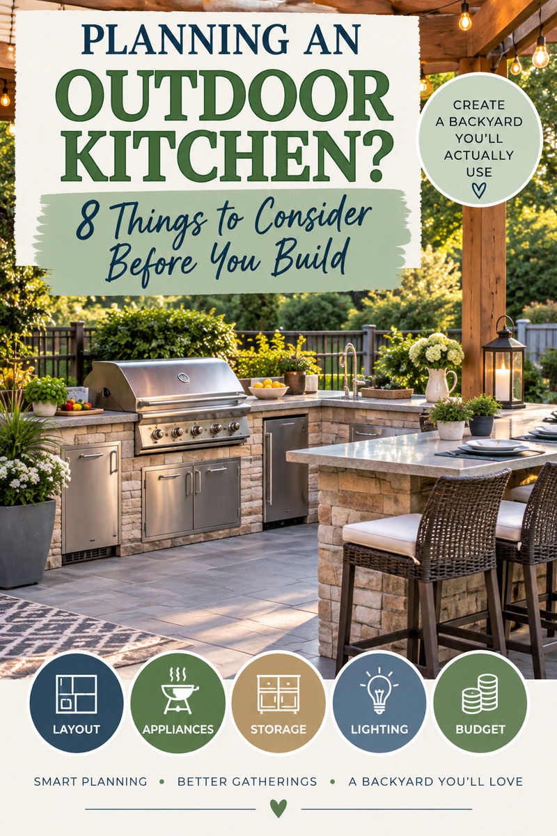 Planning an outdoor kitchen? Learn what to consider before you build, including the best location, functional layouts, durable materials, must-have appliances, storage, lighting, seating, utilities, and budgeting. Save these outdoor kitchen planning tips to help create a beautiful, practical backyard cooking and entertaining space you’ll actually use.