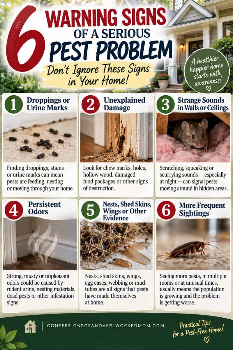 Learn the warning signs of a serious pest problem before a small issue turns into a larger infestation. From droppings and unexplained damage to strange sounds, persistent odors, nesting evidence, and frequent pest sightings, discover what every homeowner should watch for. Save these pest control and home maintenance tips to help protect your home and spot problems early!