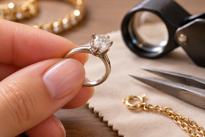 Diamond Ring Inspection on Jeweler’s Bench